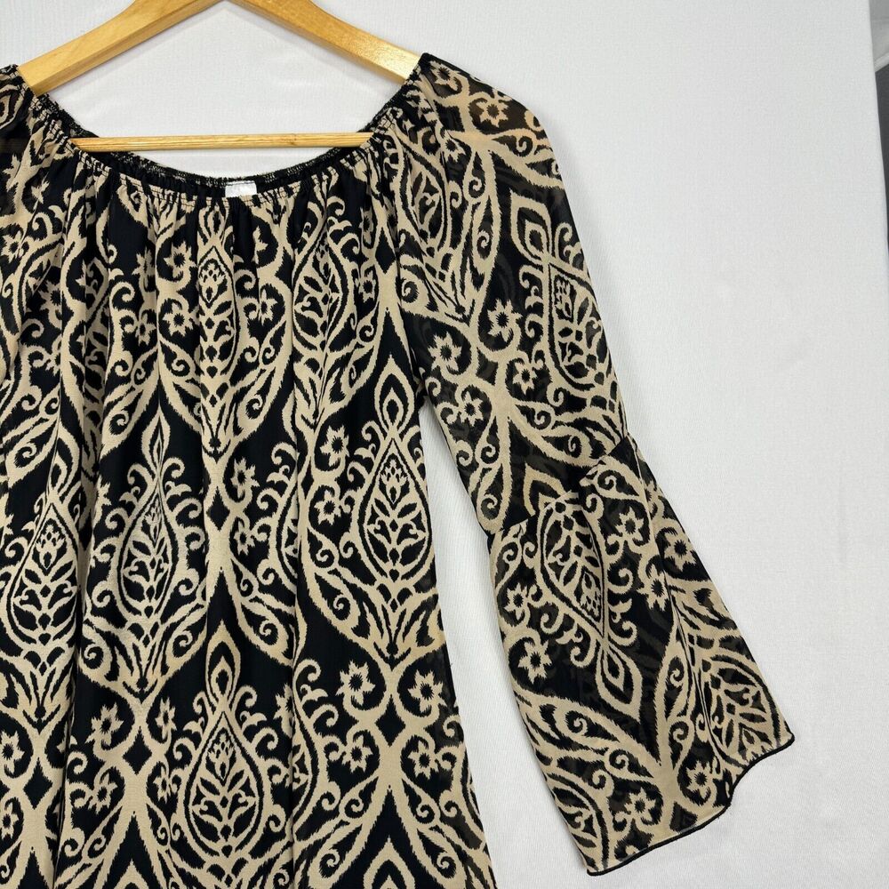 2B Together Sheer Bell Sleeve Tunic Dress Black Tan Women Size Small Long Sleeve - Picture 6 of 11